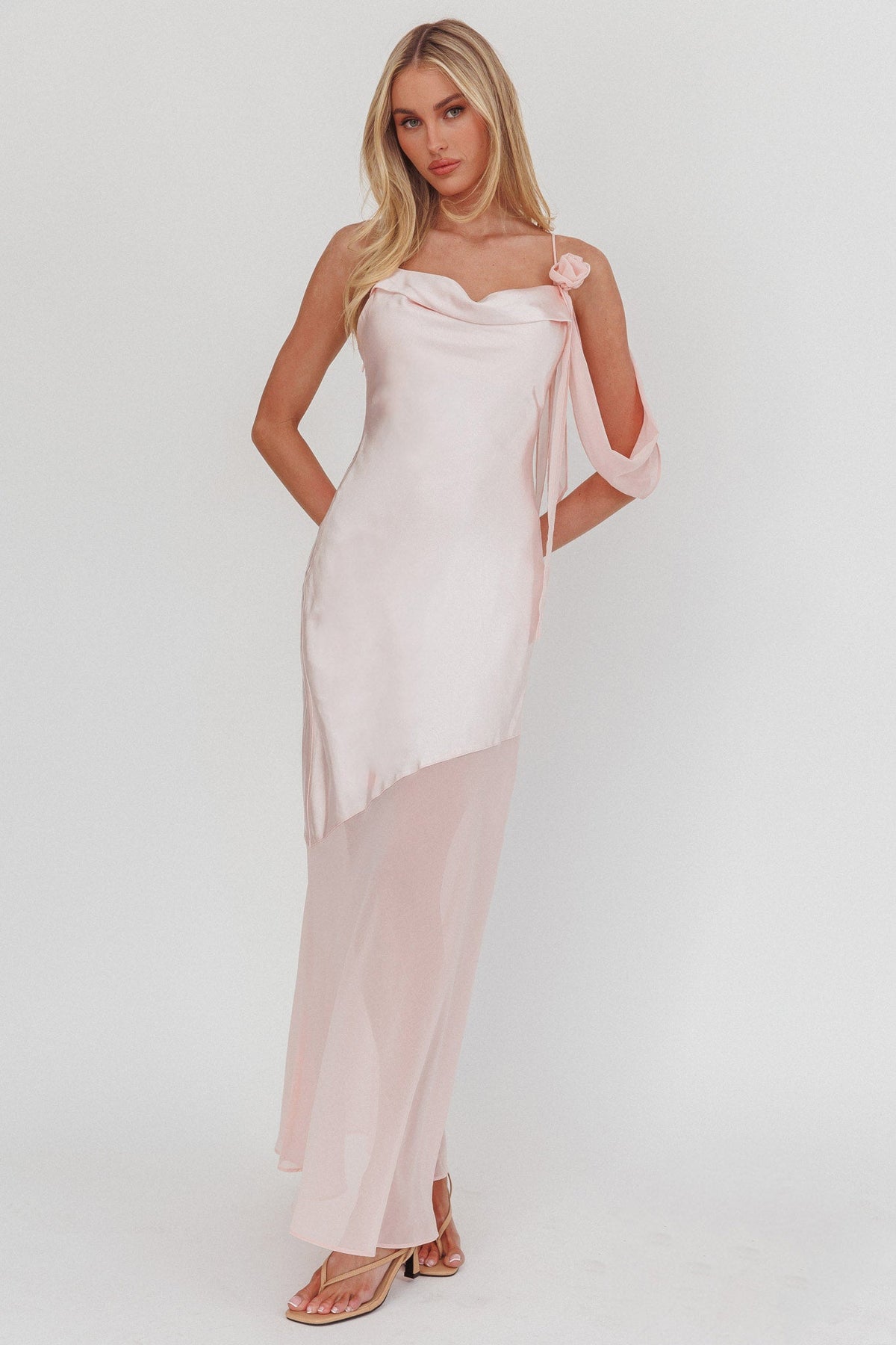Gilded Dream Shoulder Detail Chiffon Hem Maxi Dress Blush
