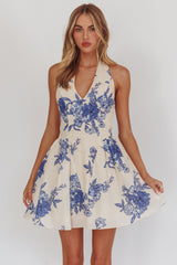 El Corazon Halterneck Mini Dress Floral Blue