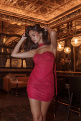 Elma Bandeau Neck Tie Mini Dress Red