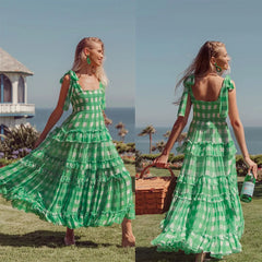 FashionSierra-Casual Square Collar Plaid for Women Vintage High Waist Ruffles Summer 2025 Sleeveless Long Vestidos Boho Dress