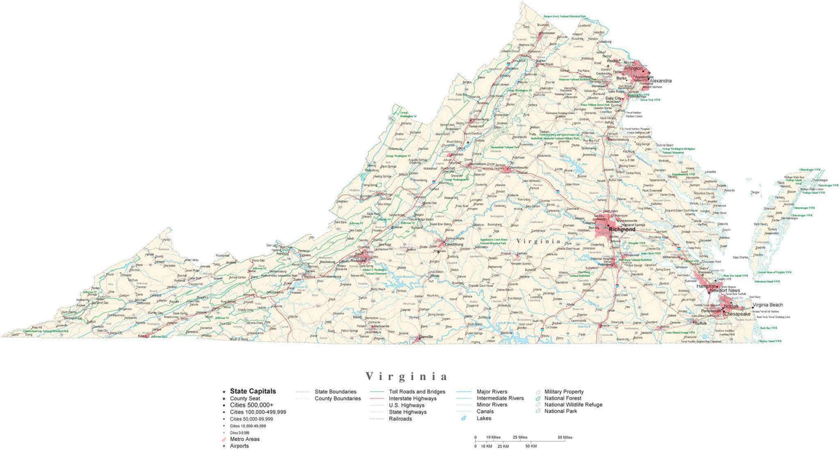 Detailed Virginia Cut-Out Style Digital Map with County Boundaries, Cities, Highways, and more
