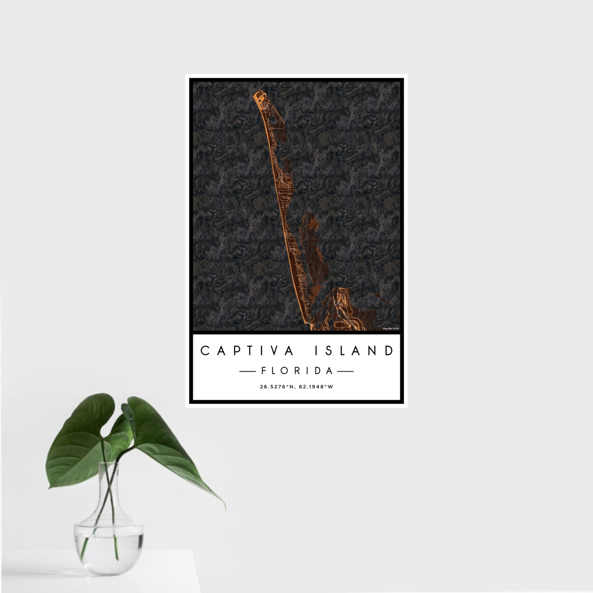 16x24 Captiva Island Florida Map Print Portrait Orientation in Ember Style With Tropical Plant Leaves in Water