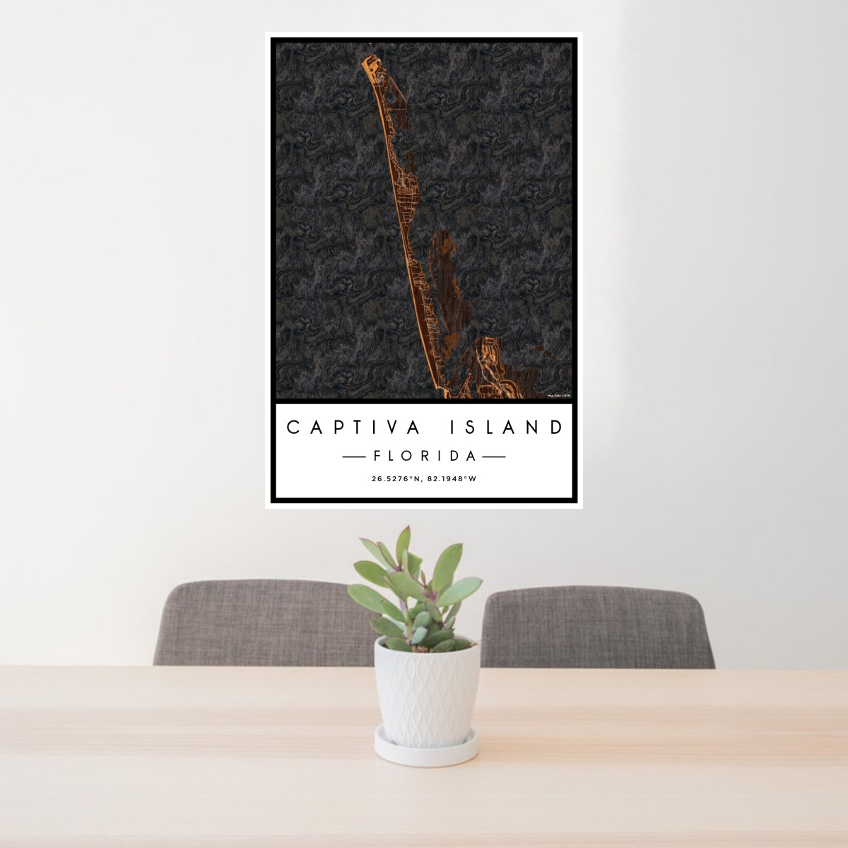 24x36 Captiva Island Florida Map Print Portrait Orientation in Ember Style Behind 2 Chairs Table and Potted Plant