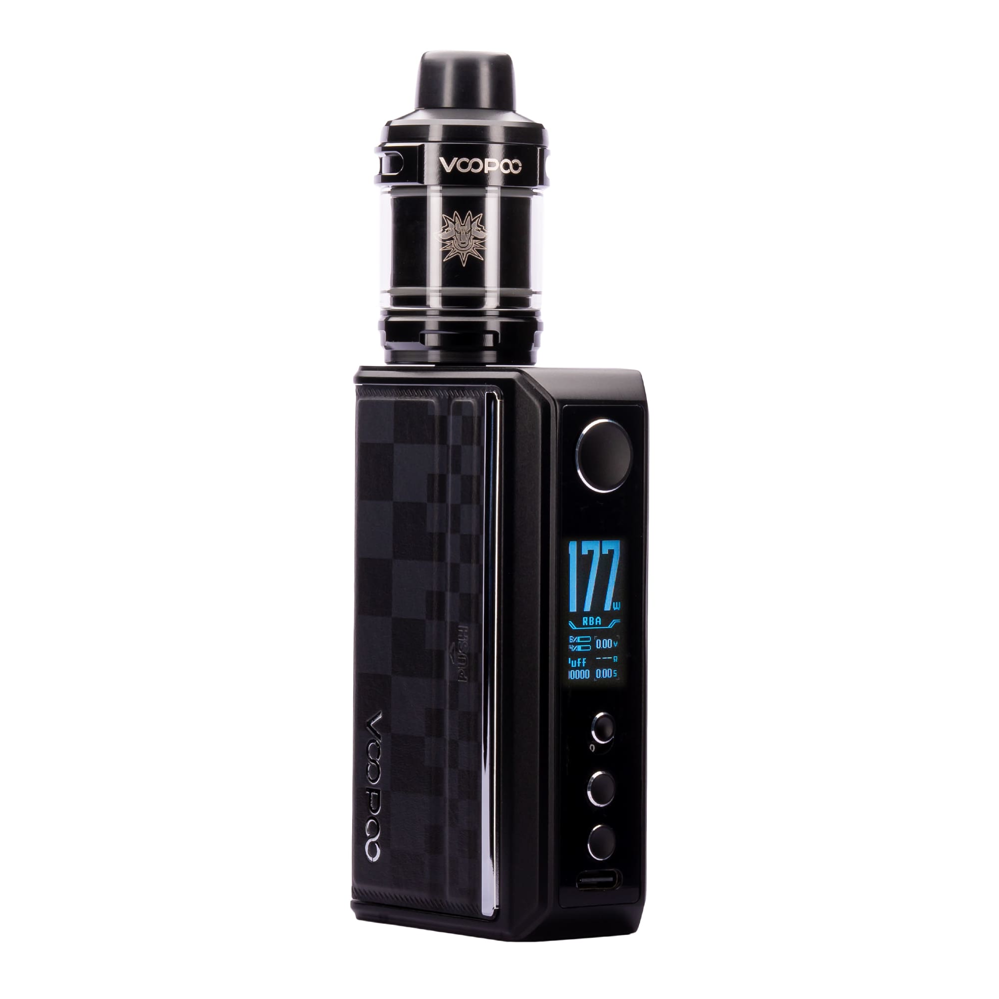 Front angled image with screen display on Black Drag 5 vape kit by Voopoo.