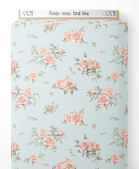 Tissu - Roses roses sur fond bleu