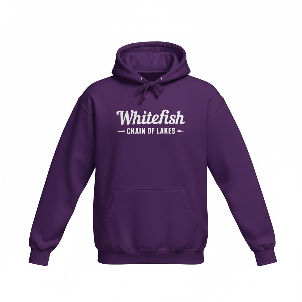 Purple hoodie with 'Whitefish Chain of Lakes' text on a white background