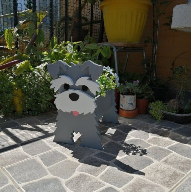 Image of a super cute Schnauzer flower pot in the most adorable 3D silver Schnauzer design