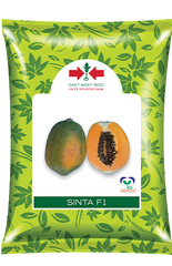 Pouch of East-West Seed Sinta F1 papaya seeds with green leaves on a white background