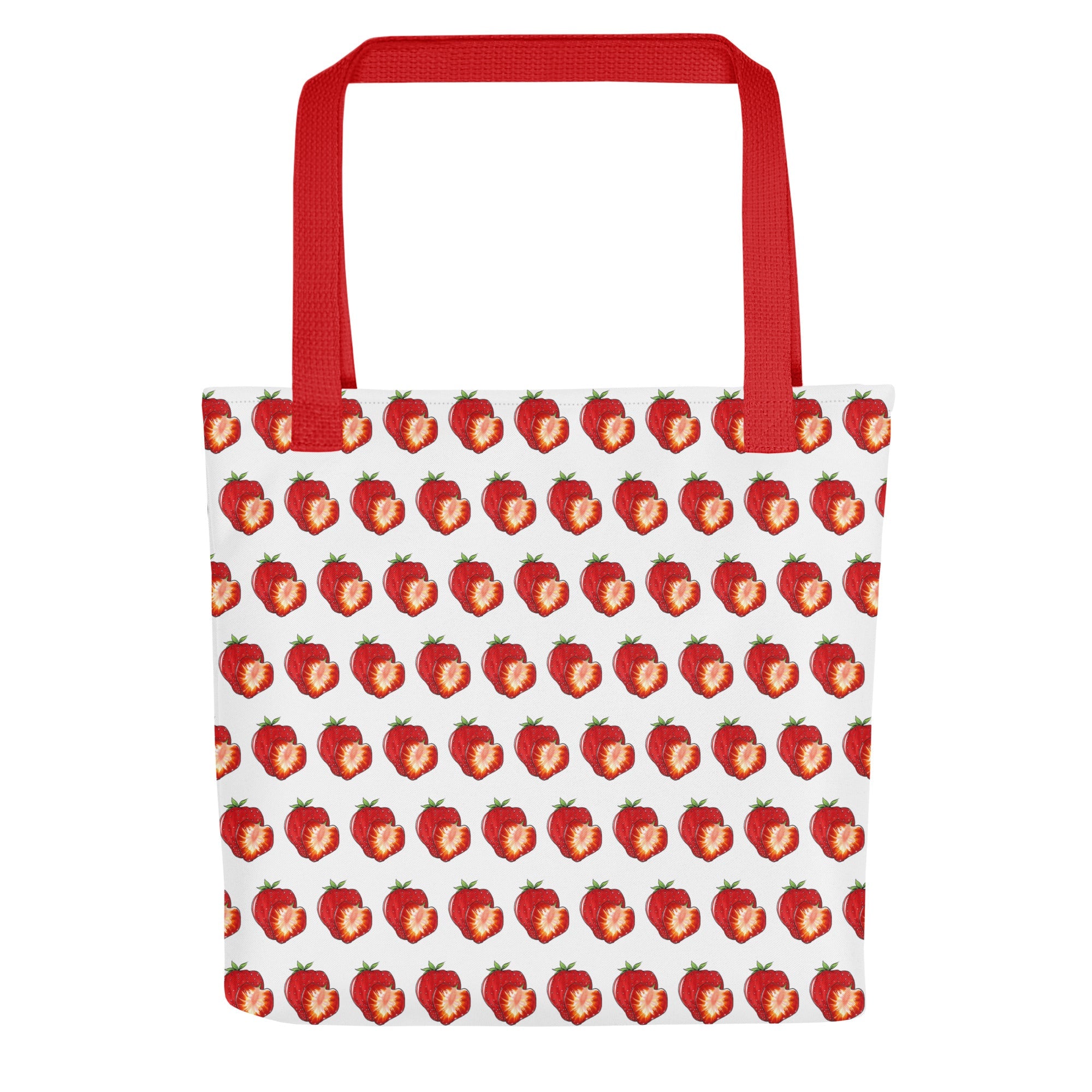 Strawberry slice hand-drawn art white lifestyle bag front view, by Briseis Gifts
