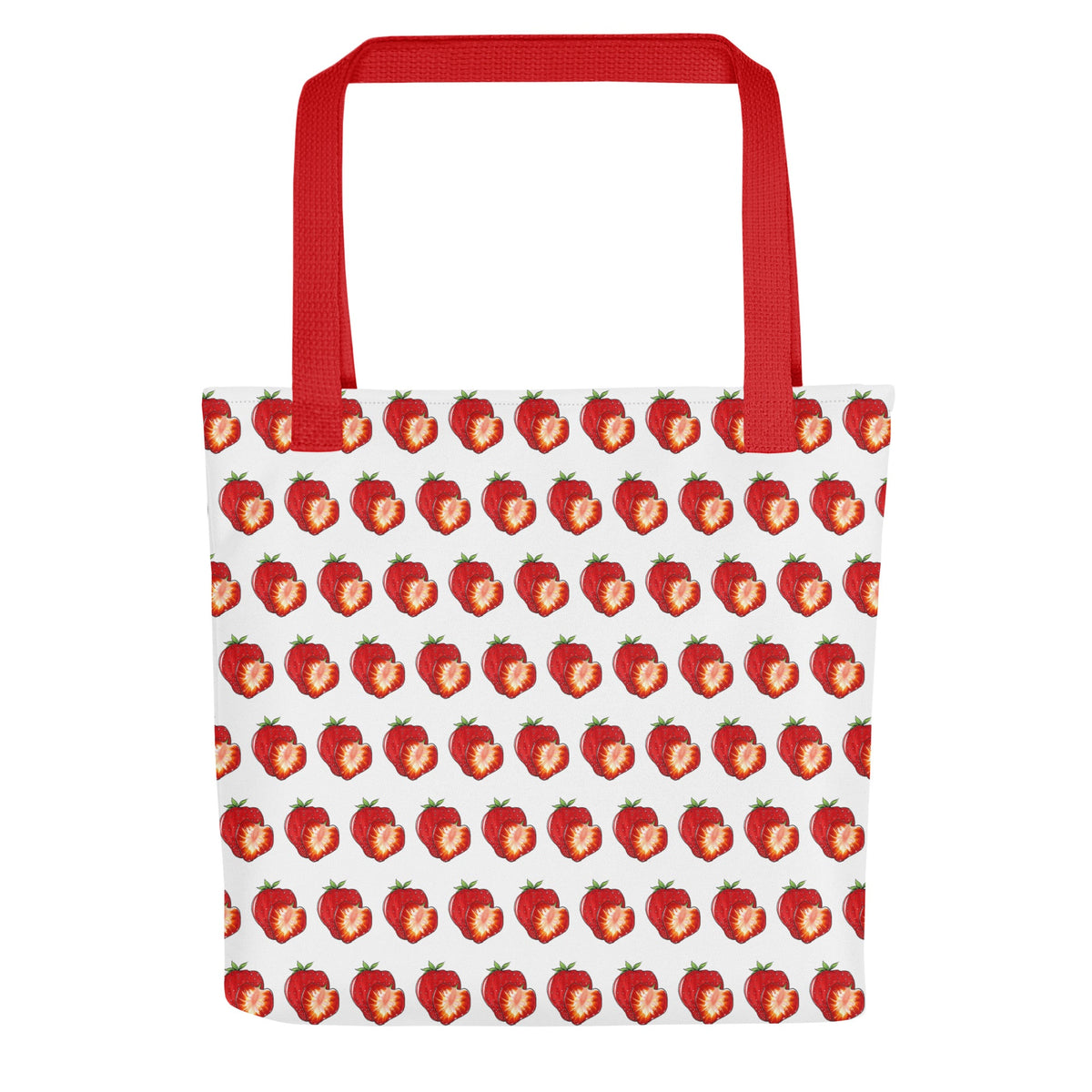 Strawberry slice hand-drawn art white lifestyle bag front view, by Briseis Gifts