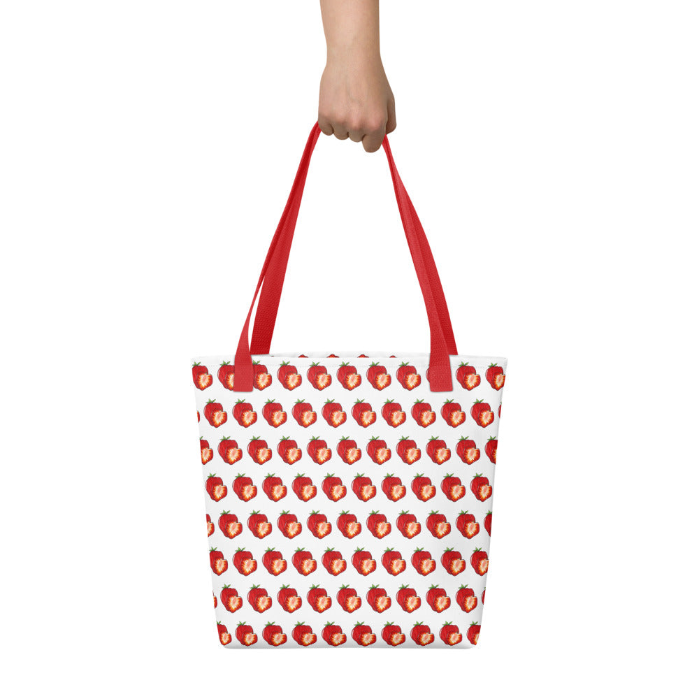 Strawberry slice hand-drawn art white lifestyle bag carried view, by Briseis Gifts