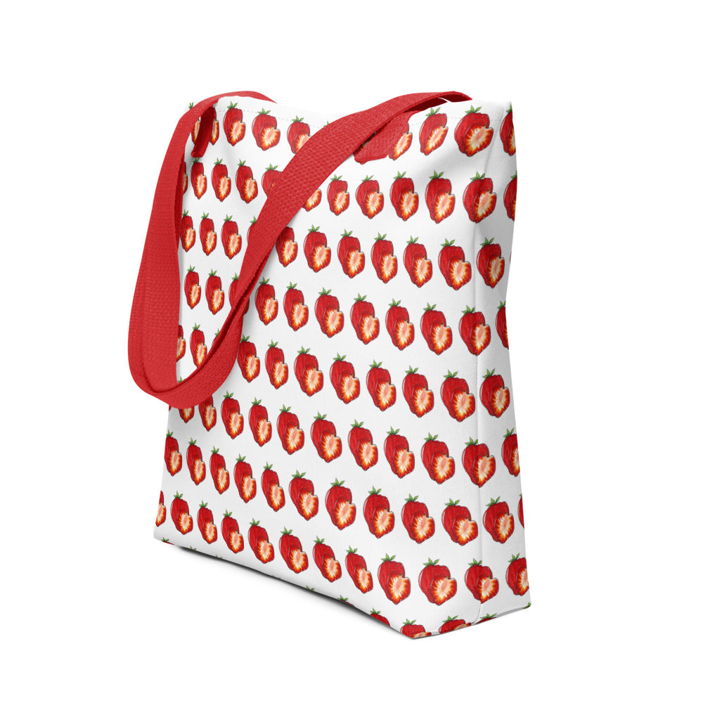 Strawberry slice hand-drawn art white lifestyle bag side view, by Briseis Gifts